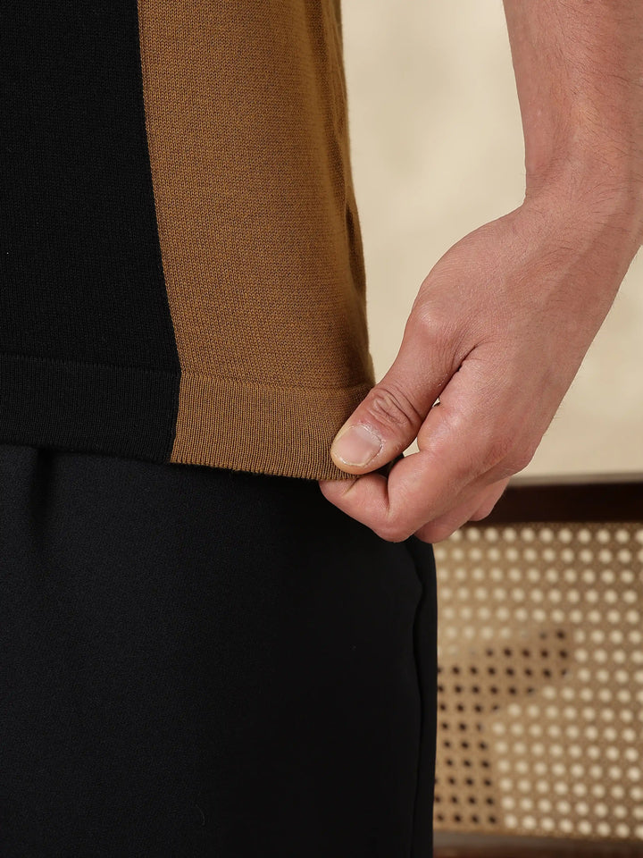 Brown Colour Block Slim Fit Flat Knit T-Shirt