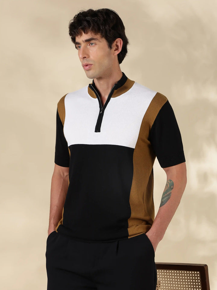 Brown Colour Block Slim Fit Flat Knit T-Shirt