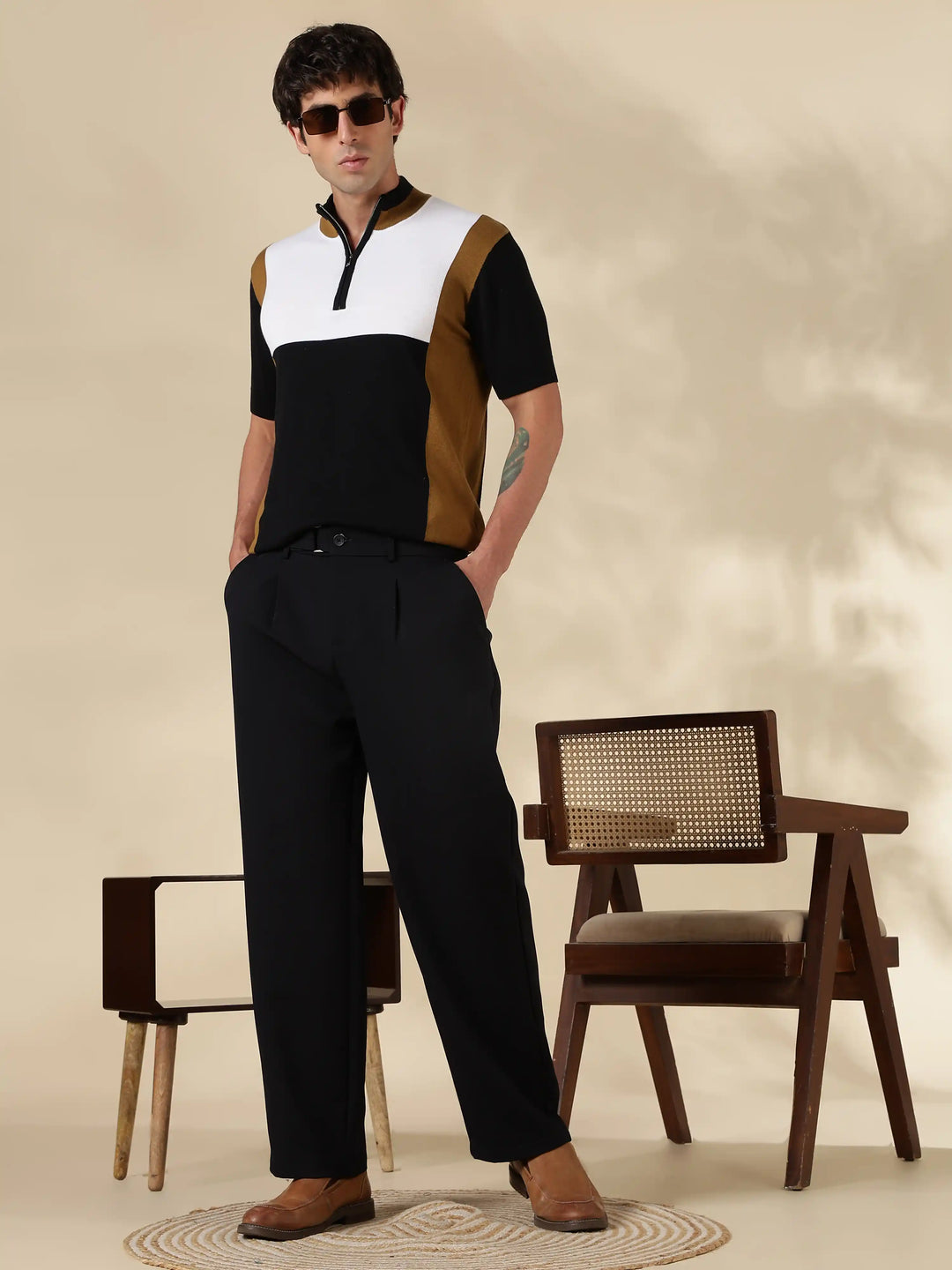 Brown Colour Block Slim Fit Flat Knit T-Shirt