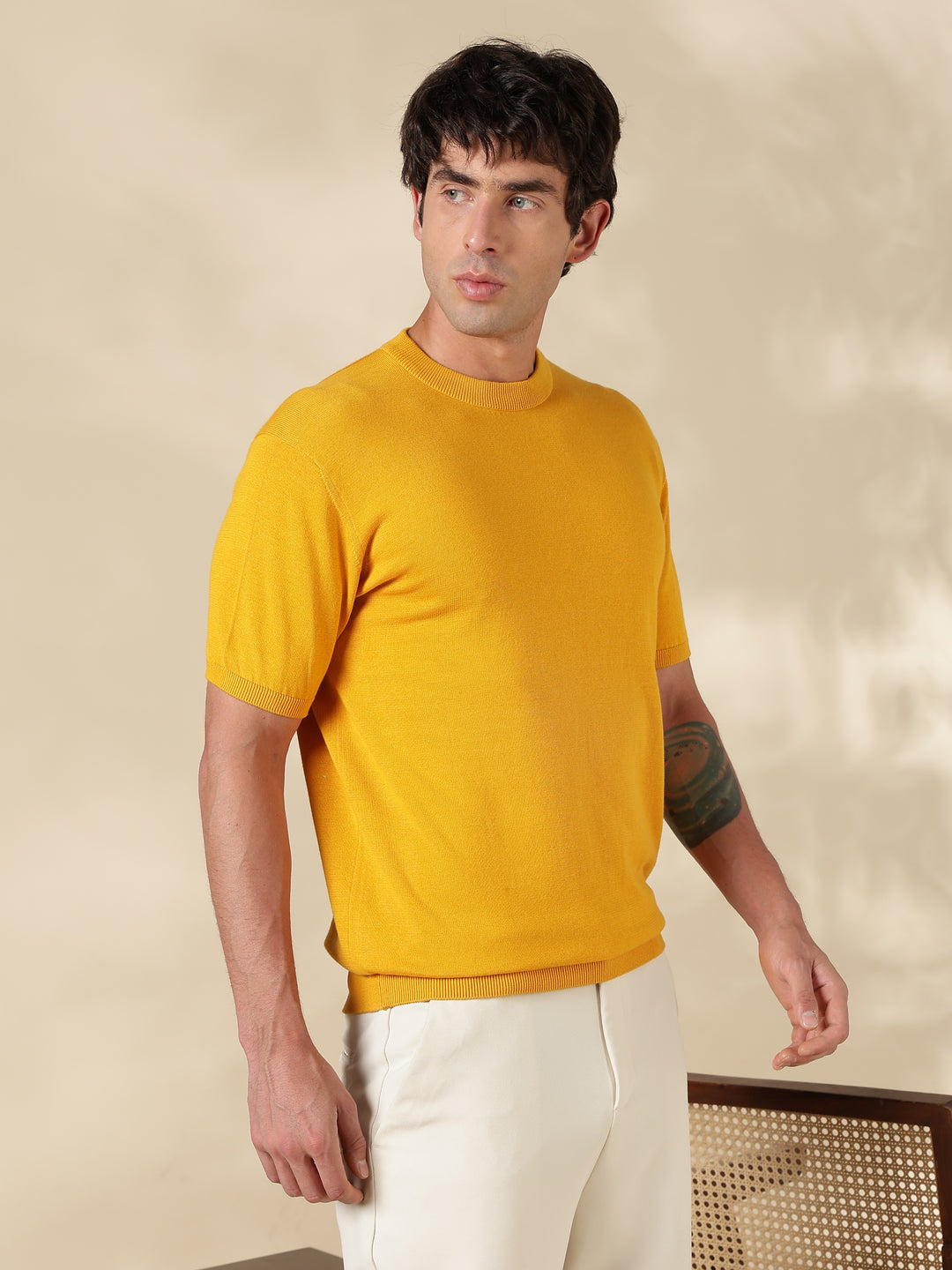 Mustard Solid Slim Fit Round Neck Flat Knit T-Shirt