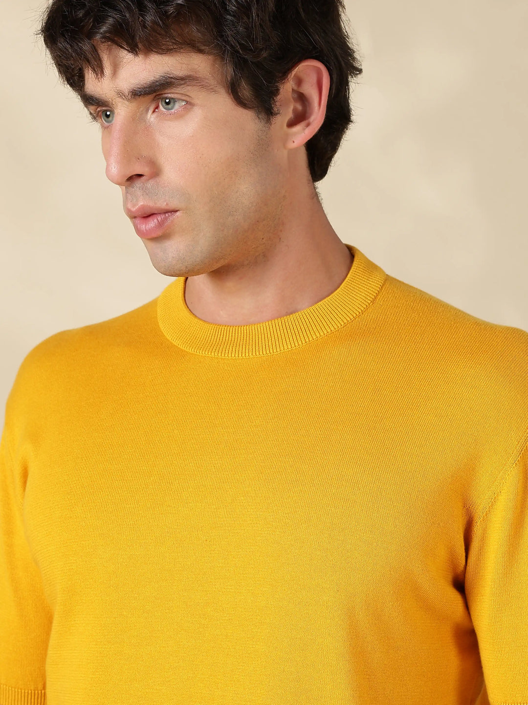 Mustard Solid Slim Fit Flat Knit T-Shirt