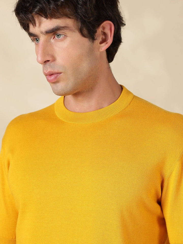 Mustard Solid Slim Fit Flat Knit T-Shirt