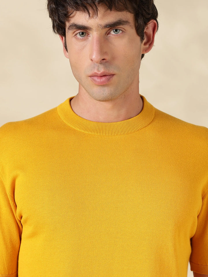 Mustard Solid Slim Fit Flat Knit T-Shirt