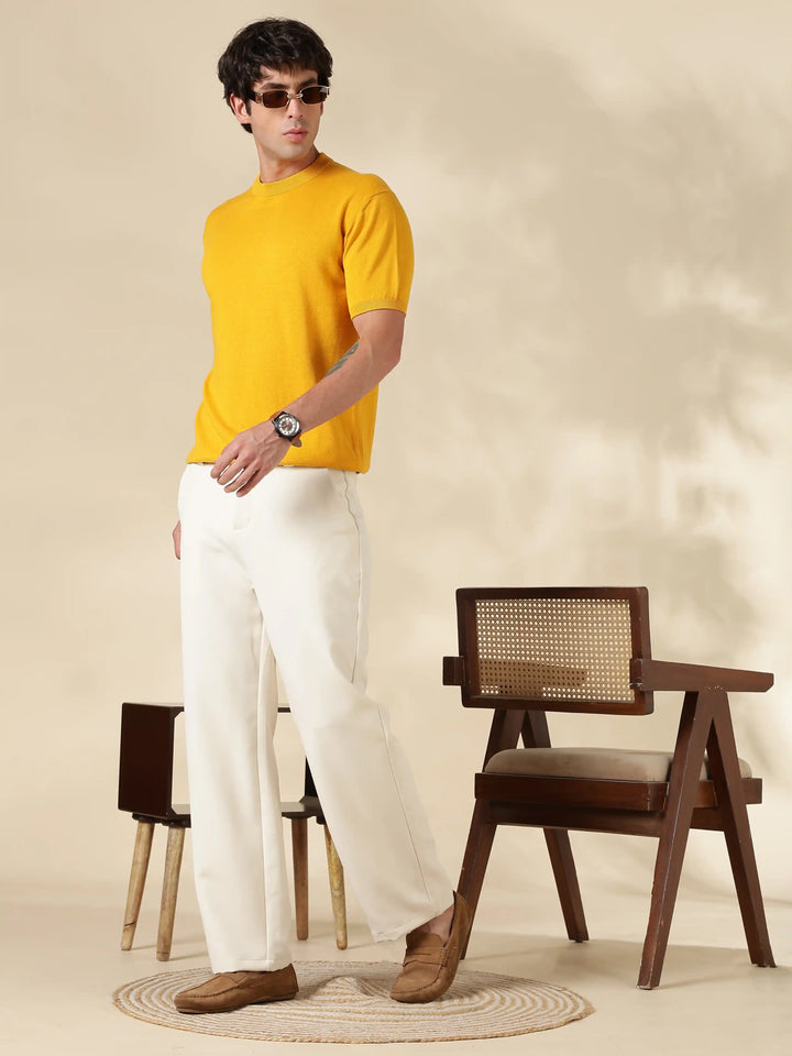 Mustard Solid Slim Fit Round Neck Flat Knit T-Shirt