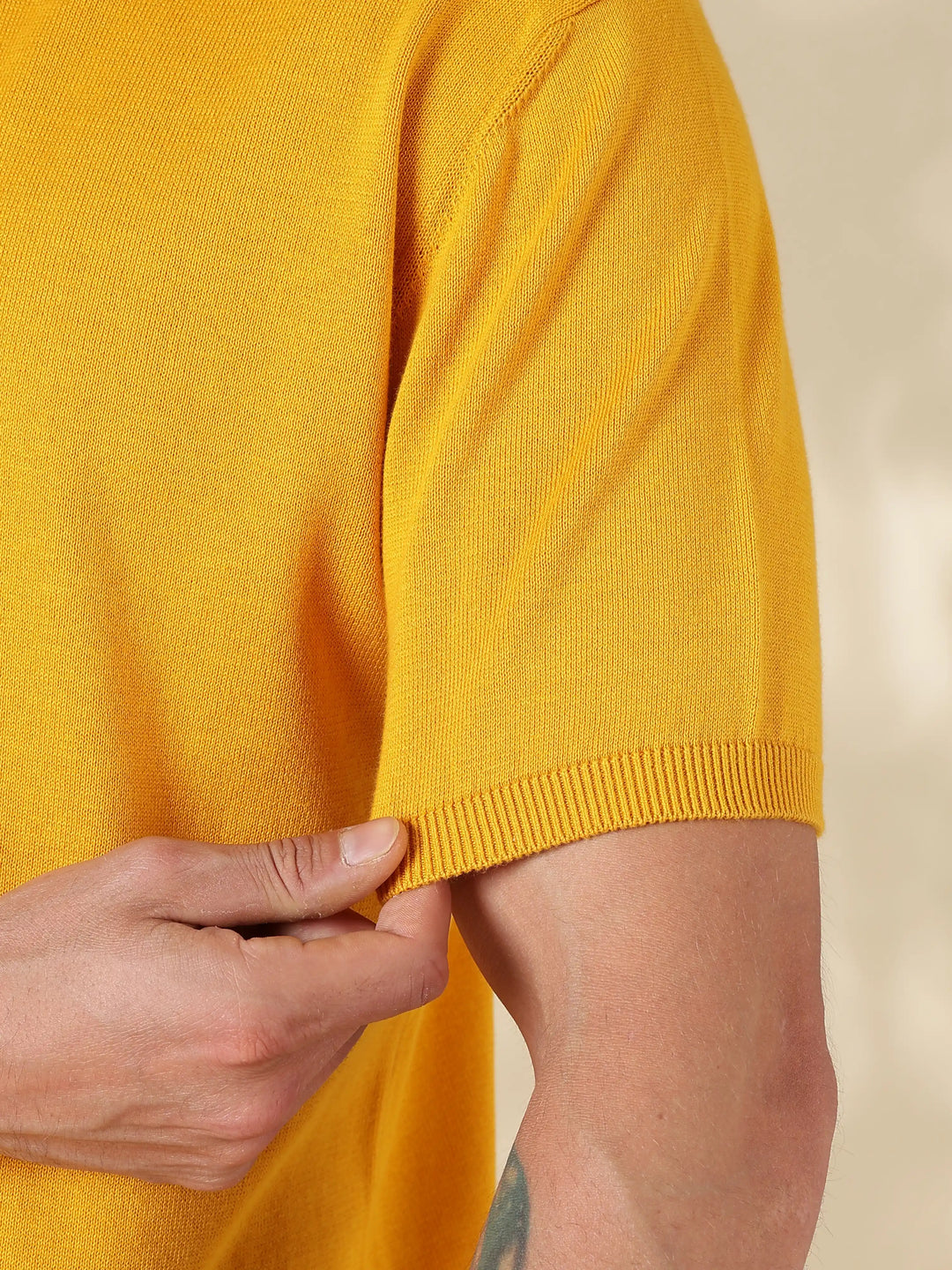 Mustard Solid Slim Fit Flat Knit T-Shirt