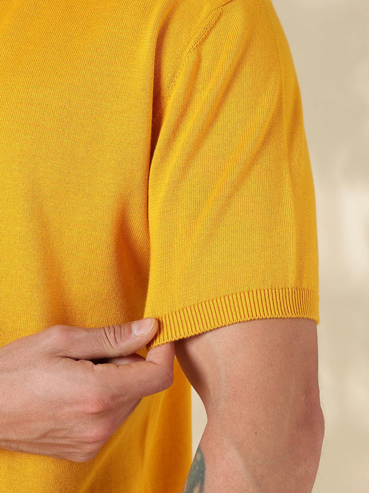 Mustard Solid Slim Fit Flat Knit T-Shirt