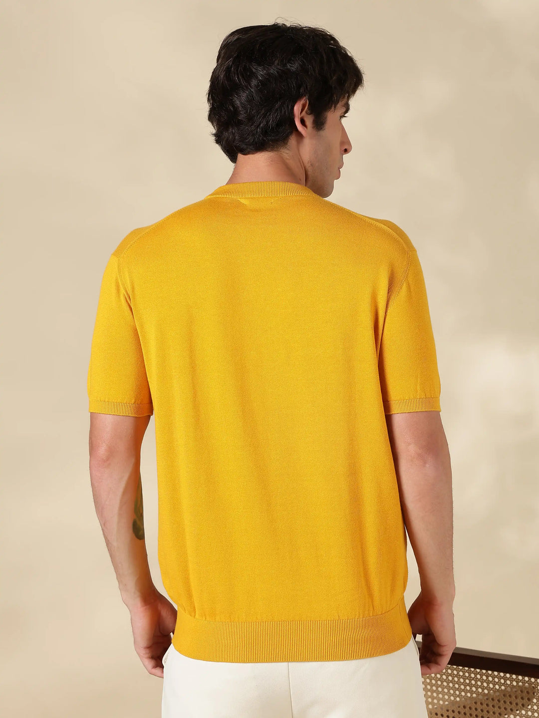 Mustard Solid Slim Fit Flat Knit T-Shirt