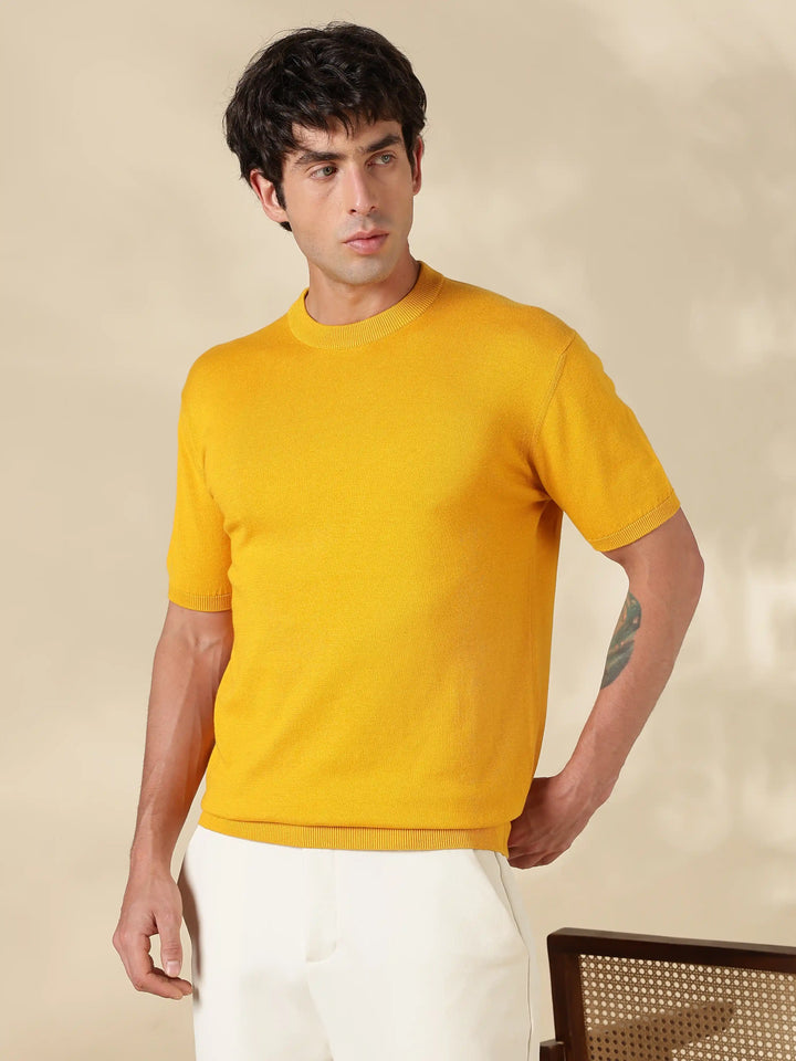 Mustard Solid Slim Fit Flat Knit T-Shirt