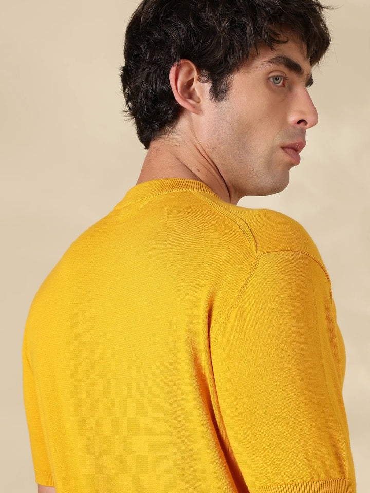 Mustard Solid Slim Fit Flat Knit T-Shirt