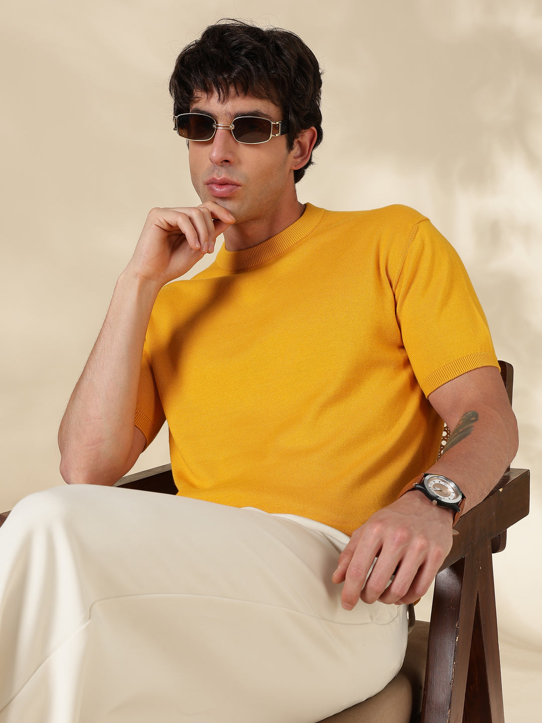 Mustard Solid Slim Fit Flat Knit T-Shirt