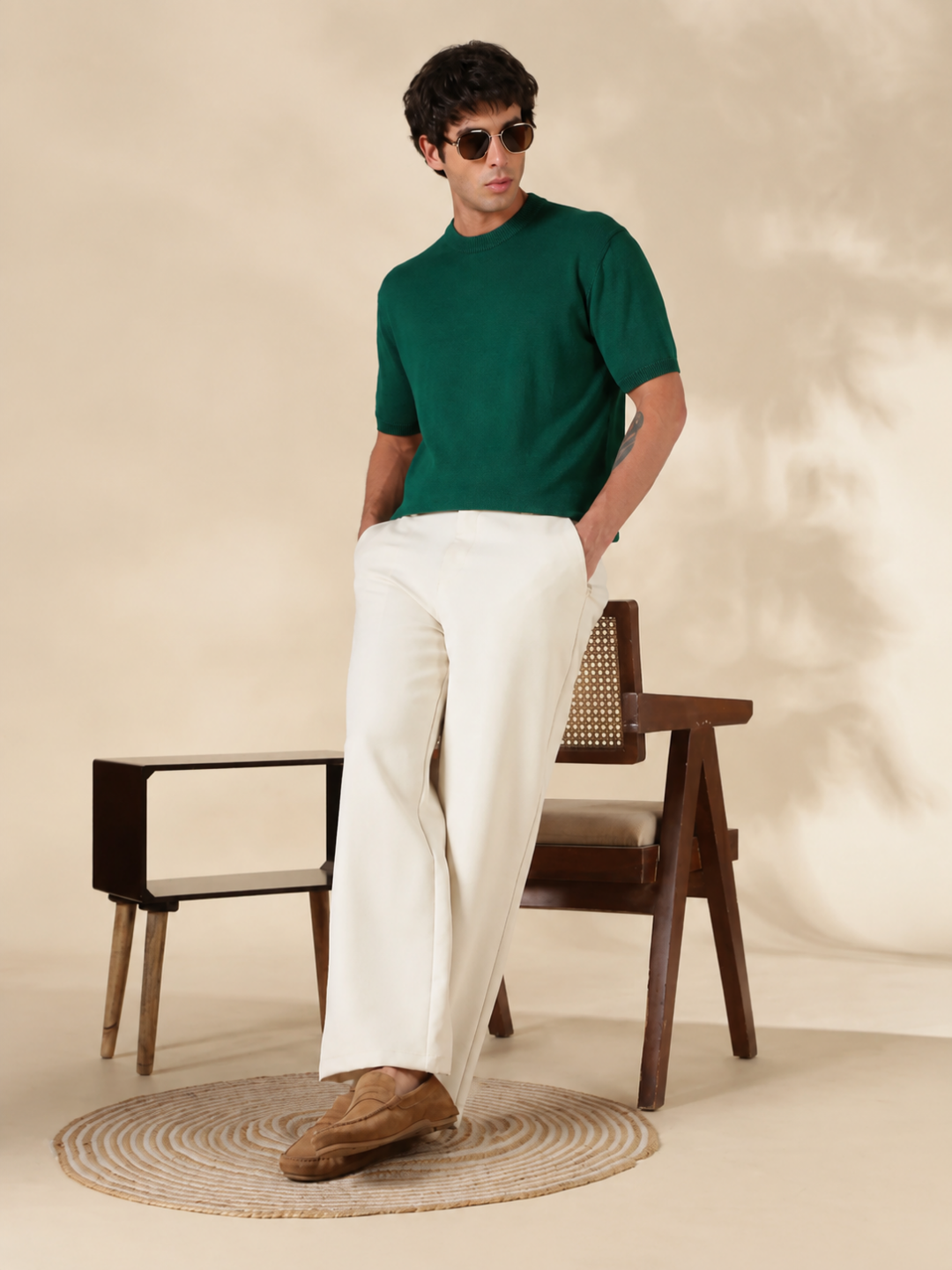 Green Solid Slim Fit Round Neck Flat Knit T-Shirt