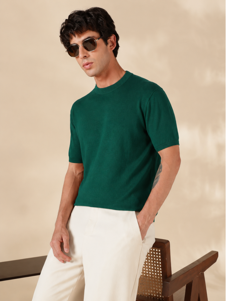 Green Solid Slim Fit Round Neck Flat Knit T-Shirt