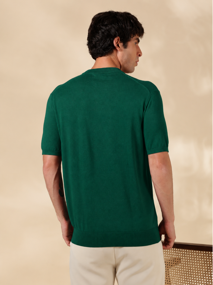 Green Solid Slim Fit Round Neck Flat Knit T-Shirt