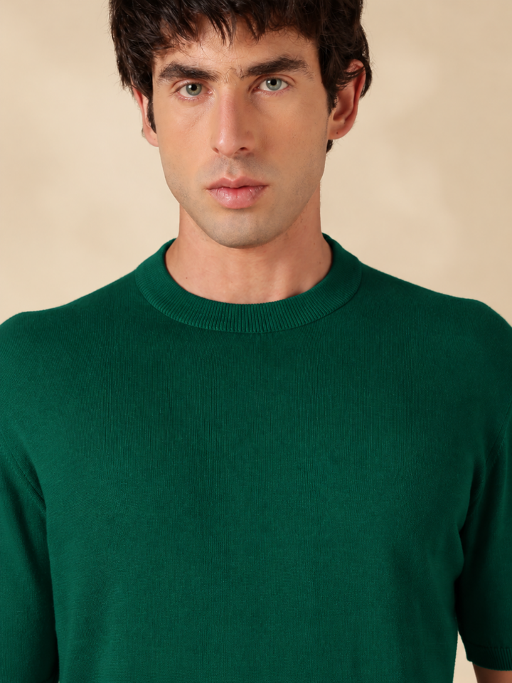 Green Solid Slim Fit Round Neck Flat Knit T-Shirt