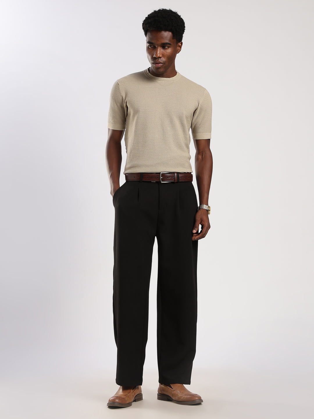 Beige Textured Regular Fit Round Neck Flat Knit T-Shirt