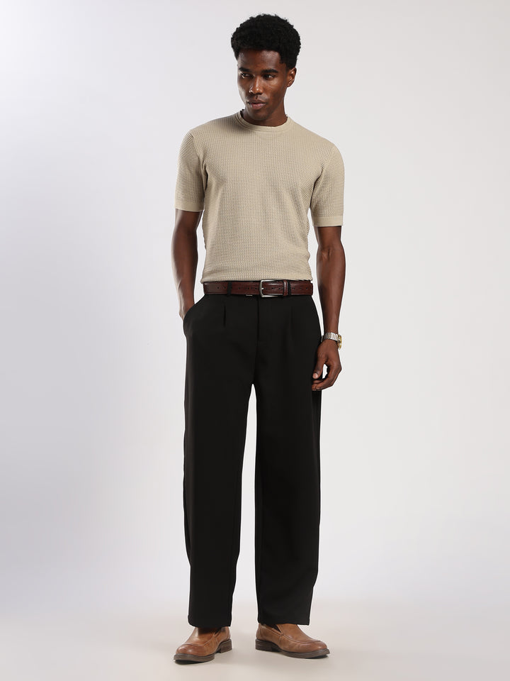 Beige Textured Regular Fit Round Neck Flat Knit T-Shirt