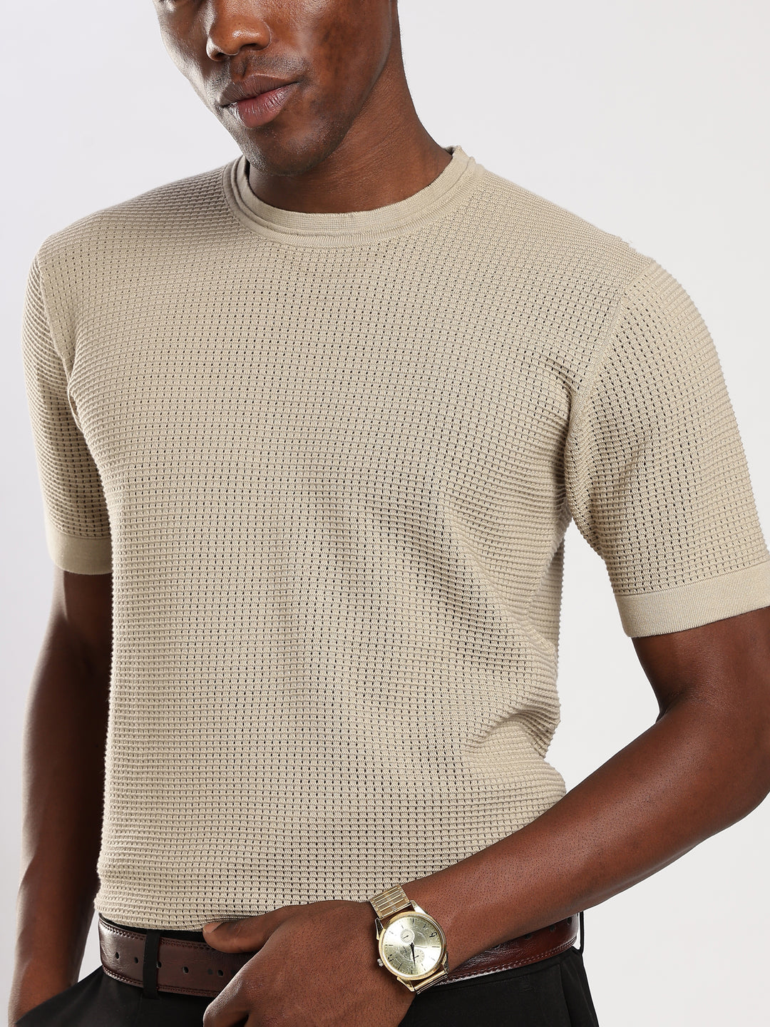 Beige Textured Regular Fit Round Neck Flat Knit T-Shirt