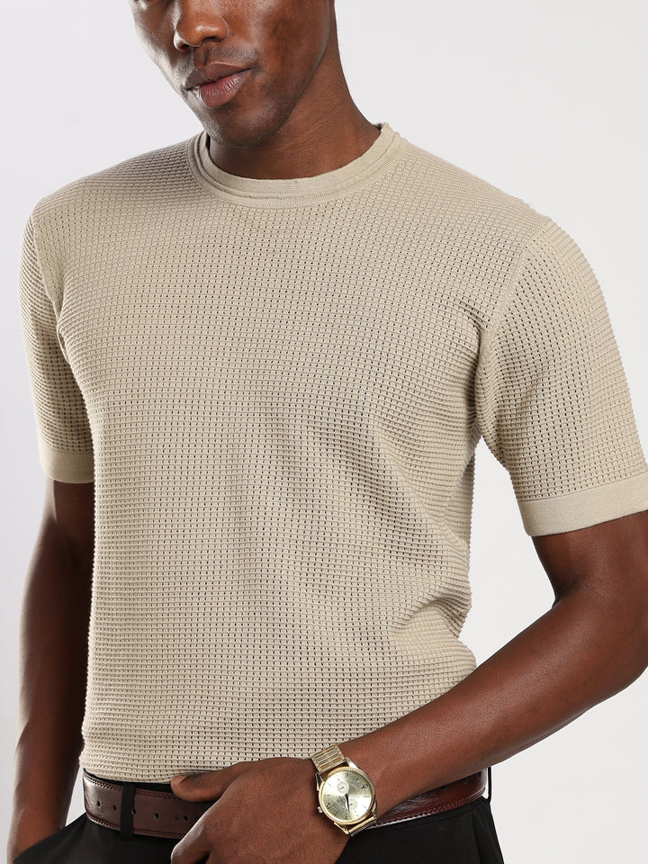 Beige Textured Regular Fit Round Neck Flat Knit T-Shirt