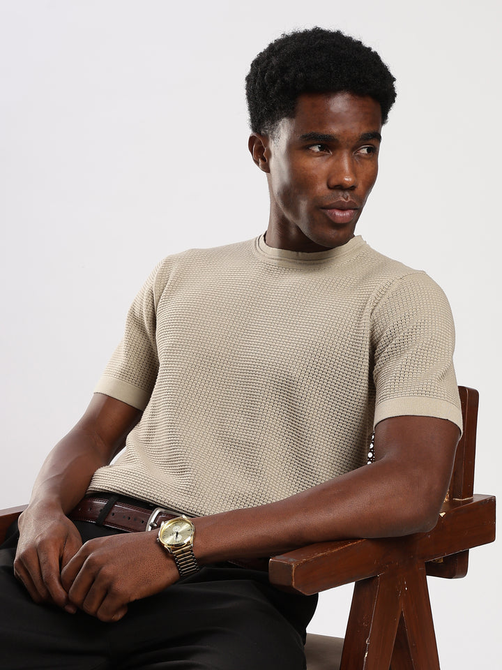 Beige Textured Regular Fit Round Neck Flat Knit T-Shirt