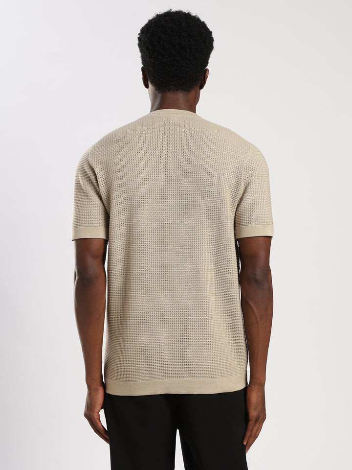 Beige Textured Regular Fit Round Neck Flat Knit T-Shirt