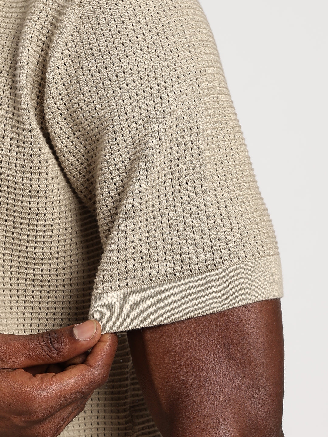 Beige Textured Regular Fit Round Neck Flat Knit T-Shirt