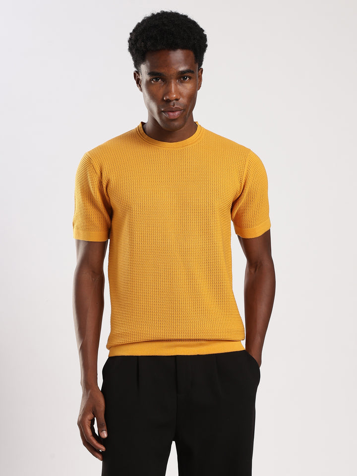Yellow Textured Regular Fit Round Neck Flat Knit T-Shirt