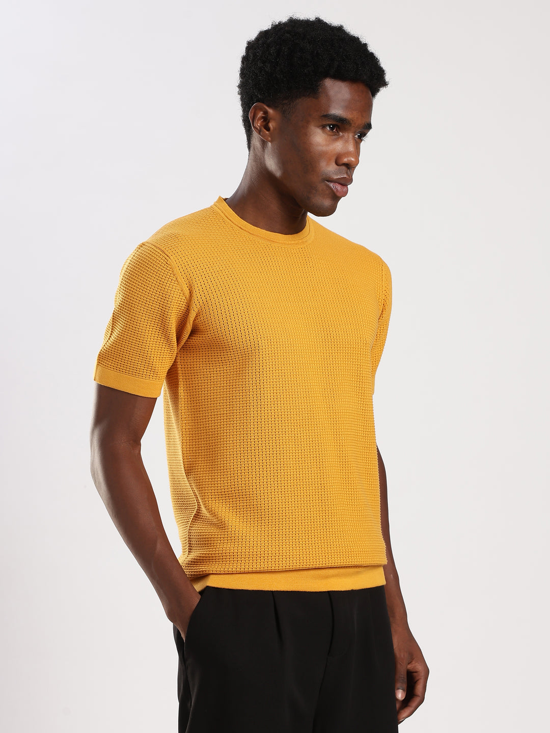 Yellow Textured Regular Fit Round Neck Flat Knit T-Shirt