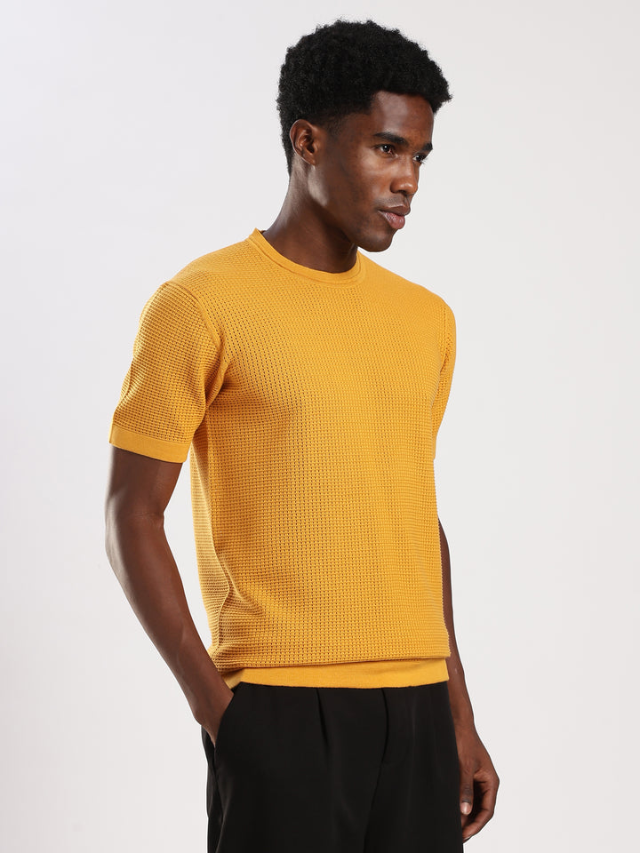Yellow Textured Regular Fit Round Neck Flat Knit T-Shirt