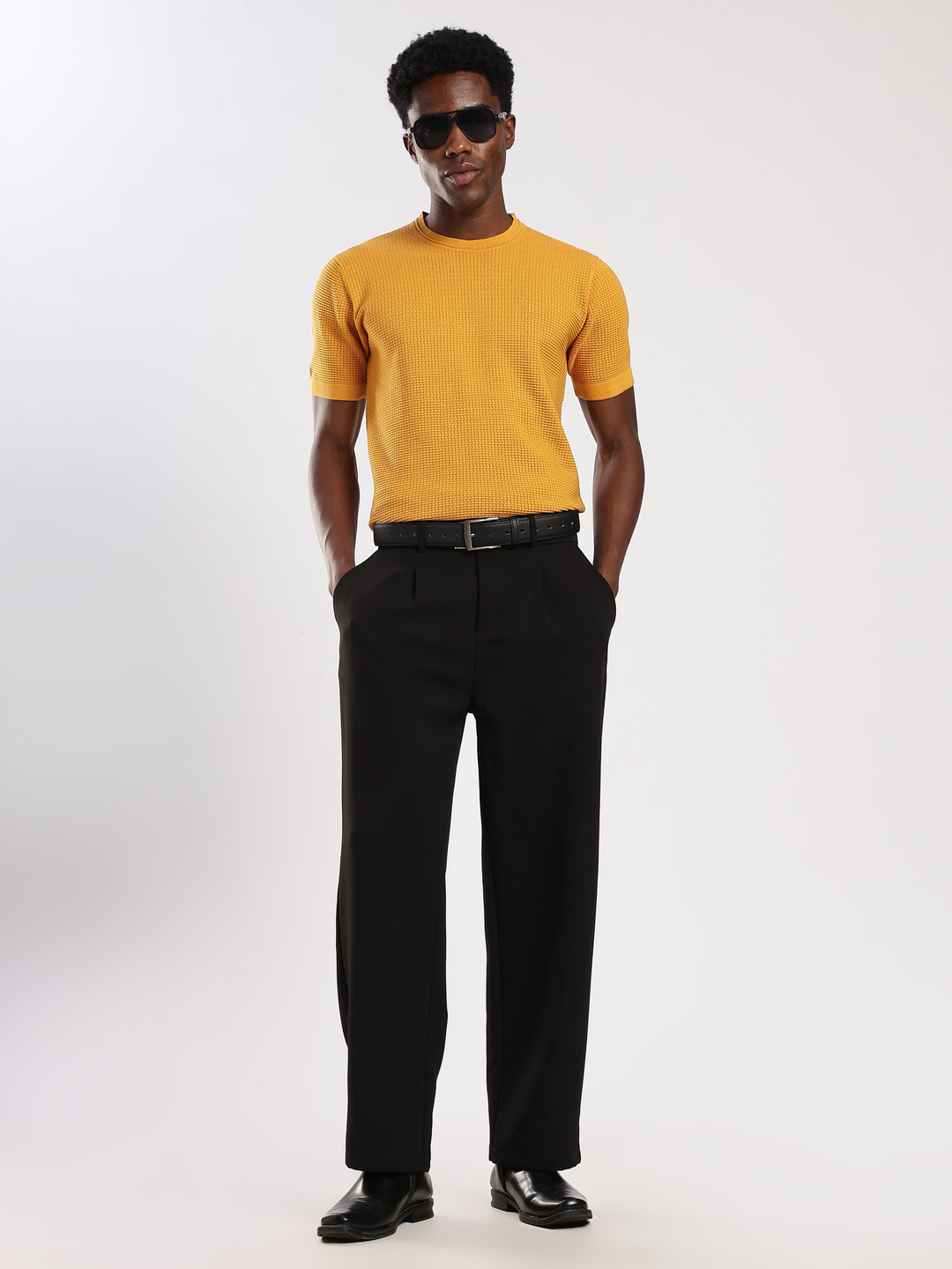 Yellow Textured Regular Fit Round Neck Flat Knit T-Shirt
