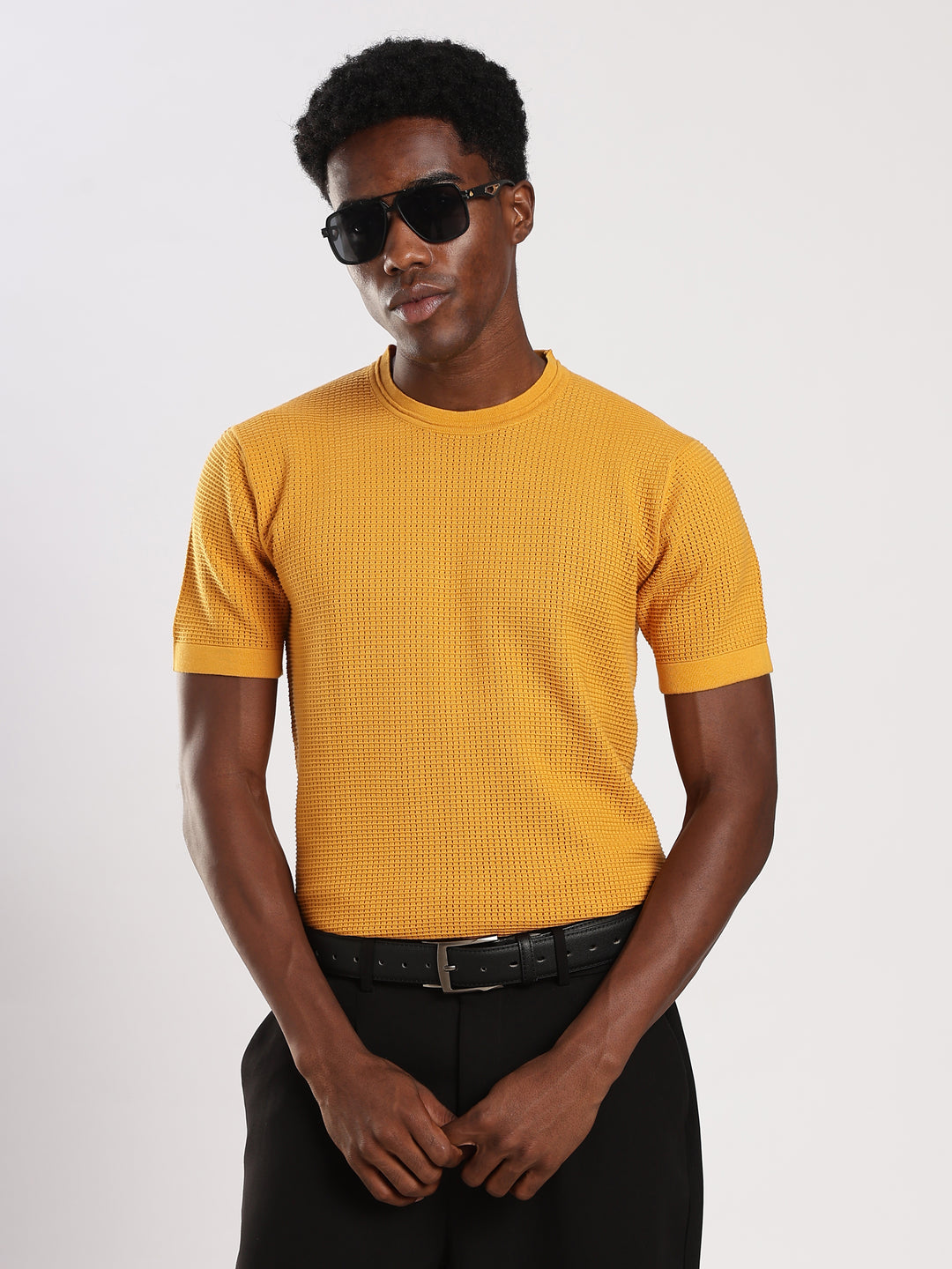 Yellow Textured Regular Fit Round Neck Flat Knit T-Shirt