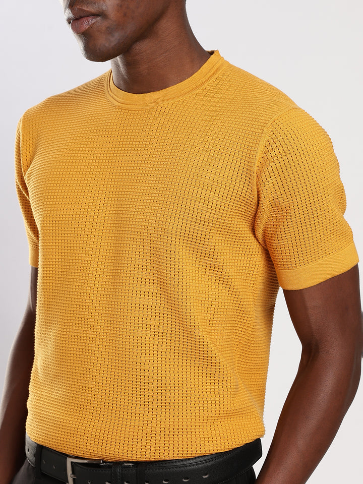 Yellow Textured Regular Fit Round Neck Flat Knit T-Shirt