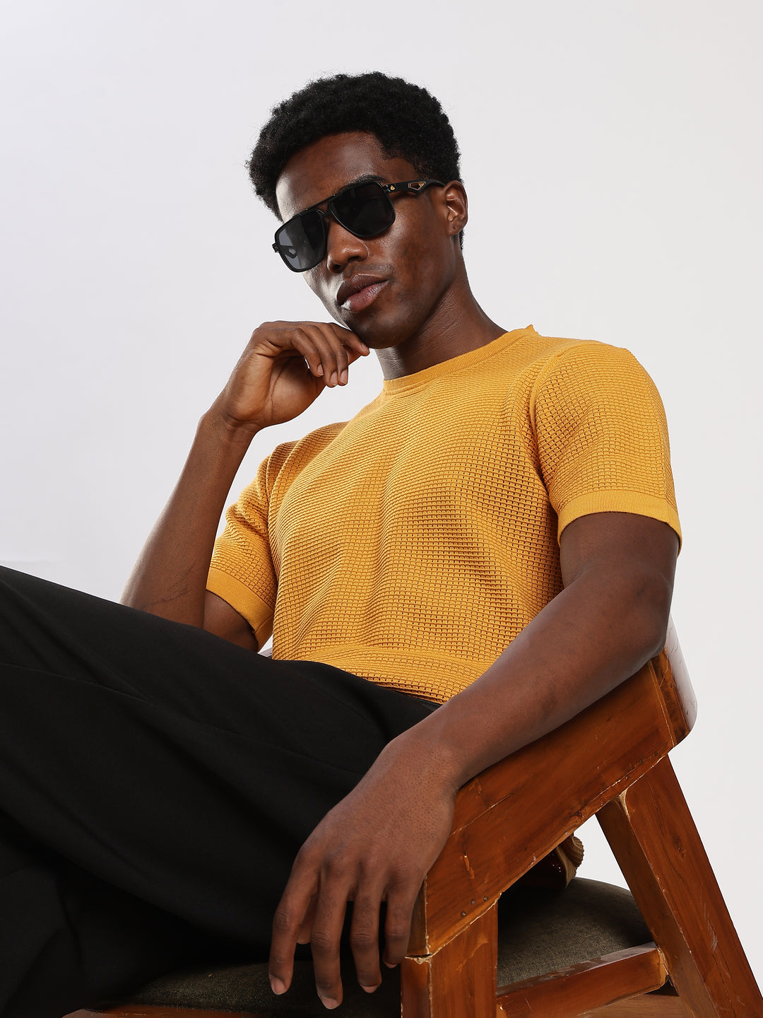 Yellow Textured Regular Fit Round Neck Flat Knit T-Shirt