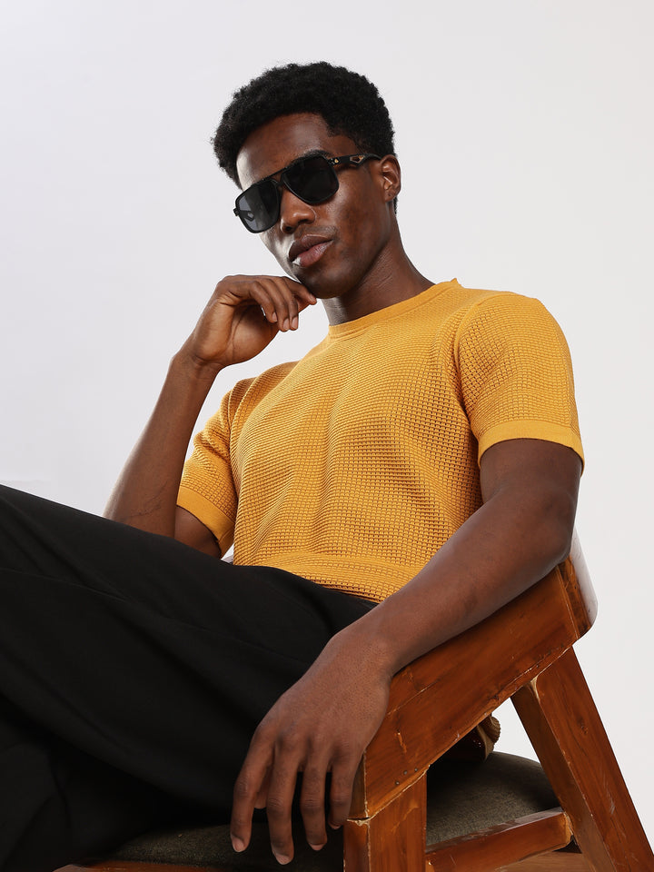 Yellow Textured Regular Fit Round Neck Flat Knit T-Shirt