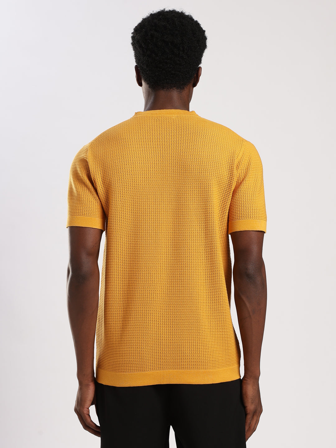 Yellow Textured Regular Fit Round Neck Flat Knit T-Shirt
