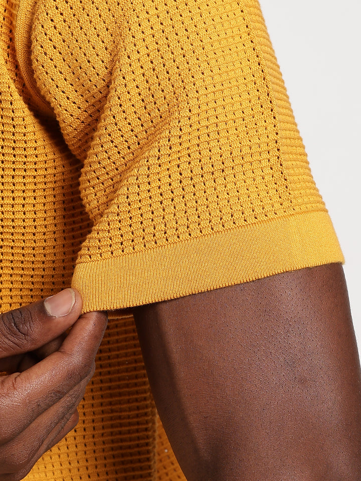 Yellow Textured Regular Fit Round Neck Flat Knit T-Shirt