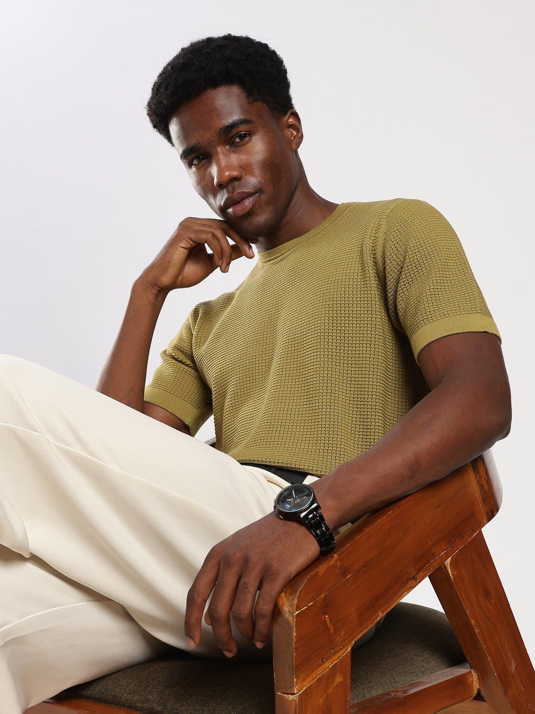 Y Green Textured Regular Fit Round Neck Flat Knit T-Shirt