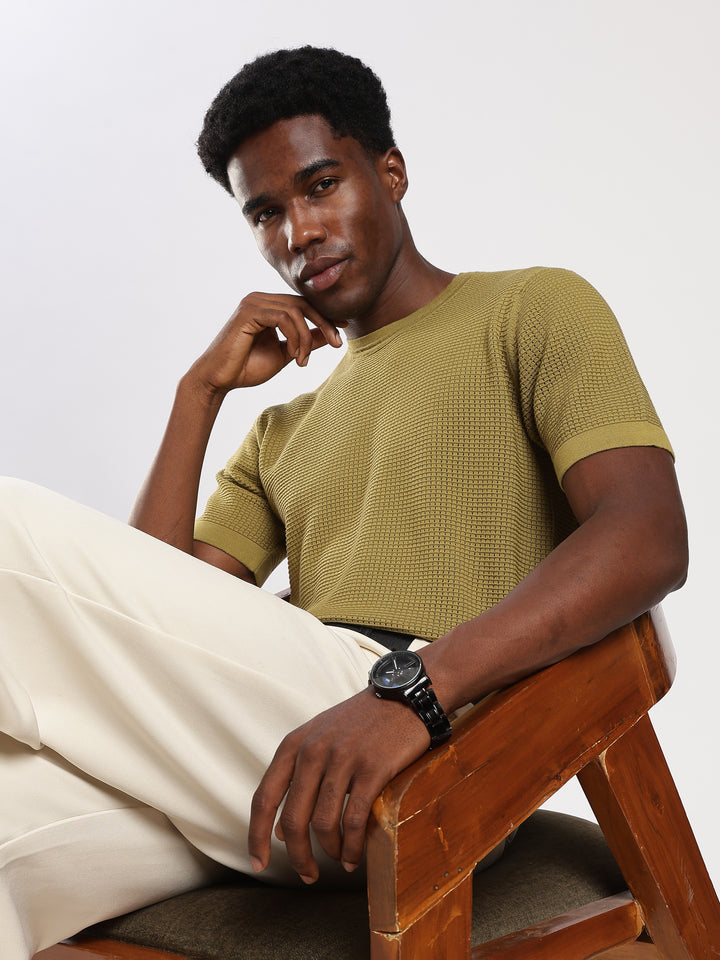 Y Green Textured Regular Fit Round Neck Flat Knit T-Shirt