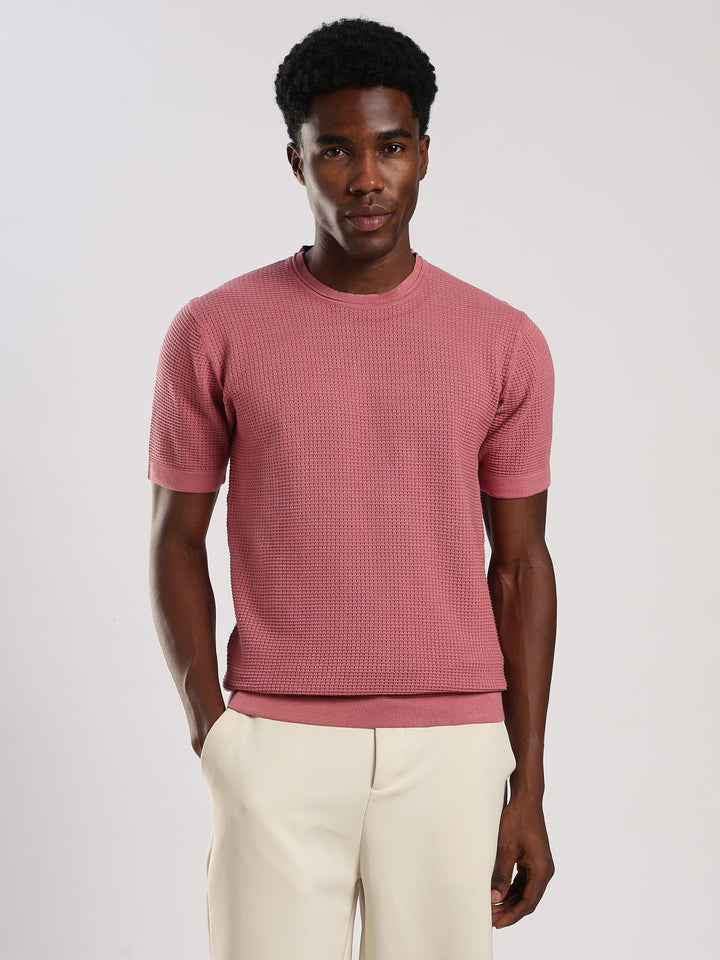 Pink Textured Regular Fit Round Neck Flat Knit T-Shirt