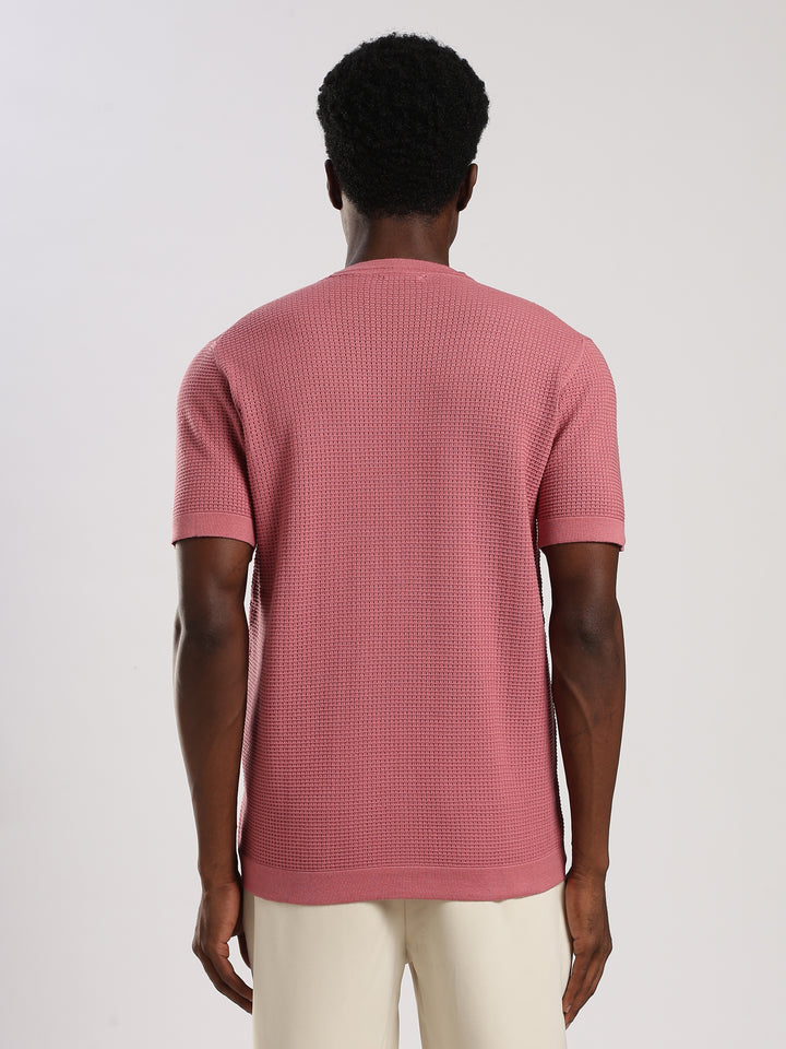 Pink Textured Regular Fit Round Neck Flat Knit T-Shirt