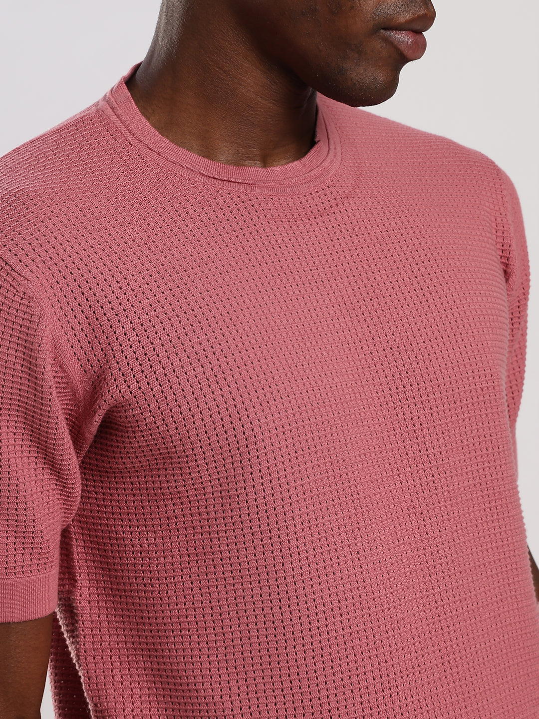 Pink Textured Regular Fit Round Neck Flat Knit T-Shirt