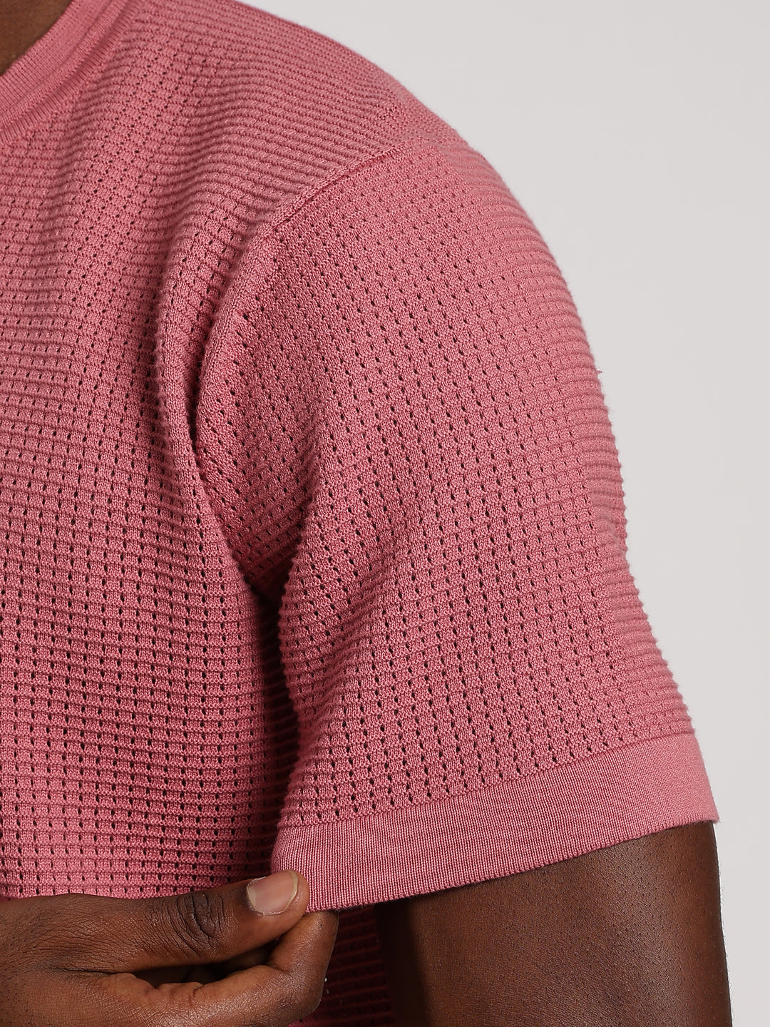 Pink Textured Regular Fit Round Neck Flat Knit T-Shirt