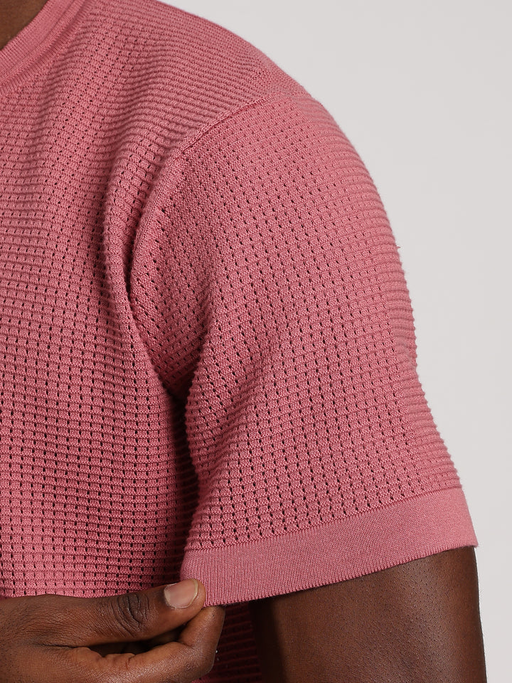 Pink Textured Regular Fit Round Neck Flat Knit T-Shirt