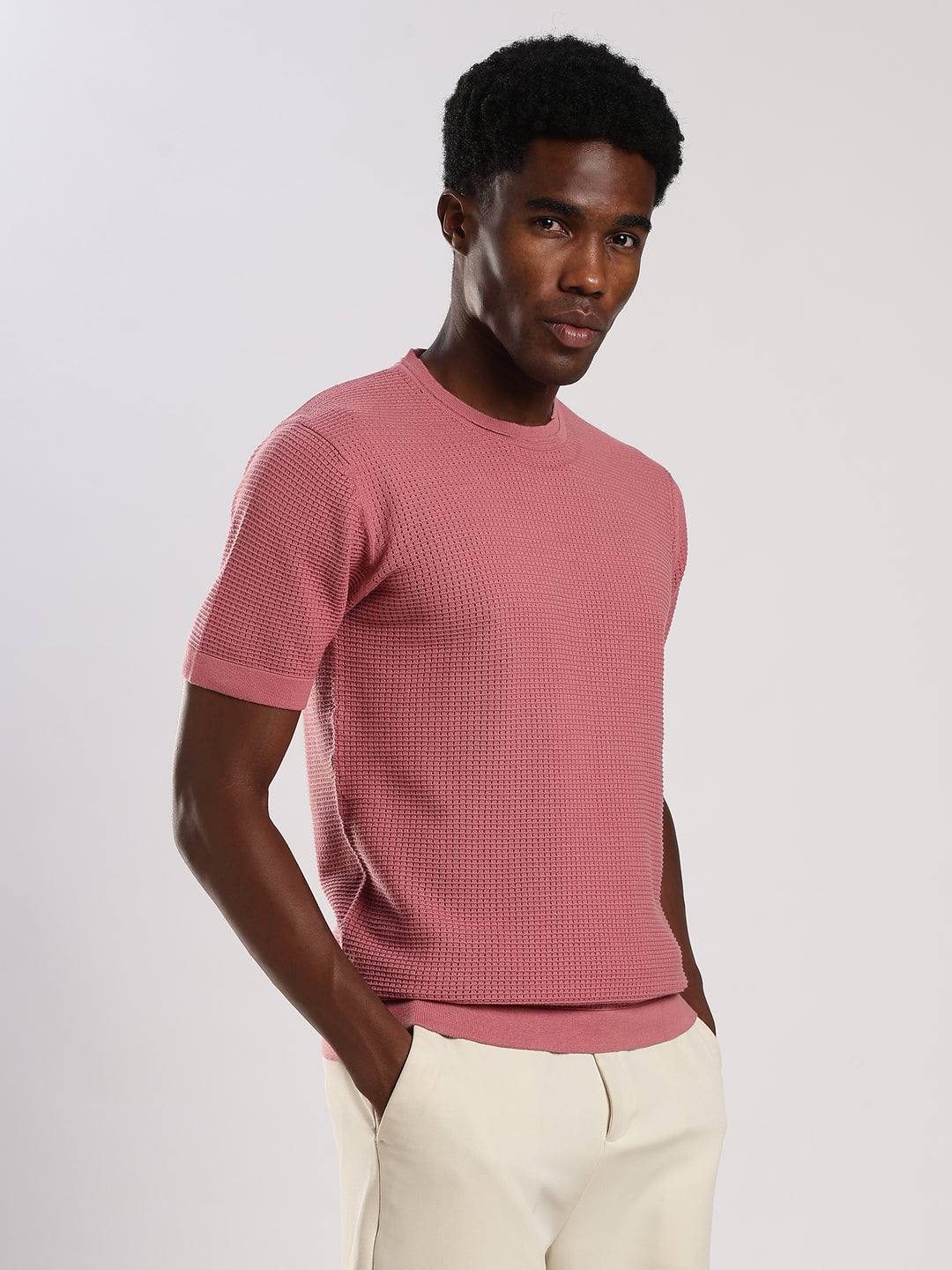 Pink Textured Regular Fit Round Neck Flat Knit T-Shirt