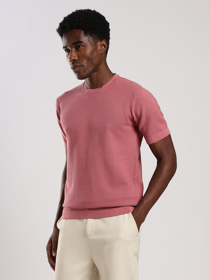 Pink Textured Regular Fit Round Neck Flat Knit T-Shirt