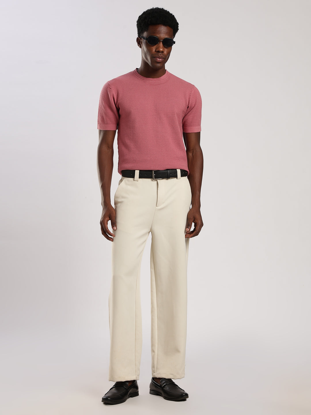 Pink Textured Regular Fit Round Neck Flat Knit T-Shirt