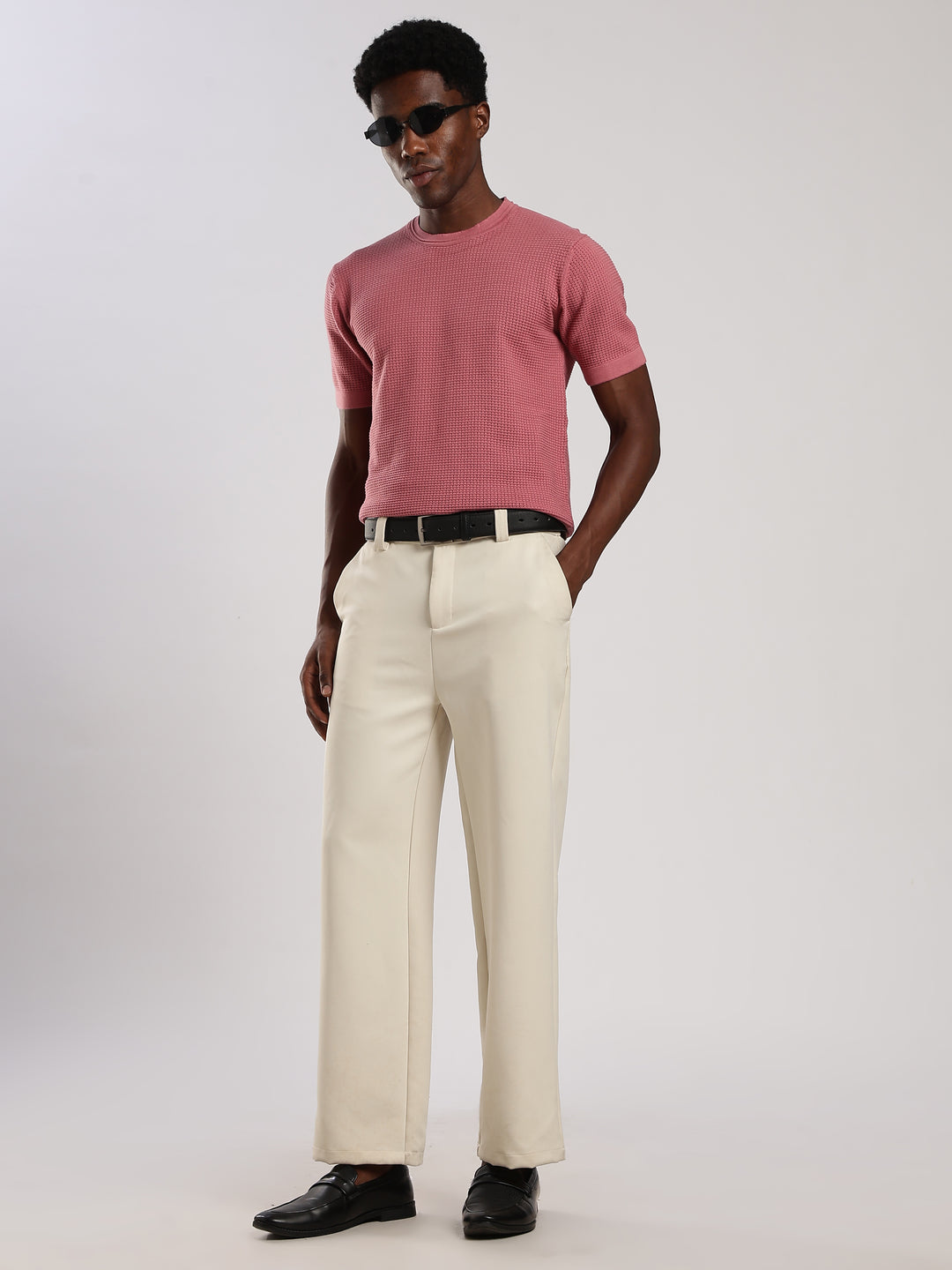 Pink Textured Regular Fit Round Neck Flat Knit T-Shirt