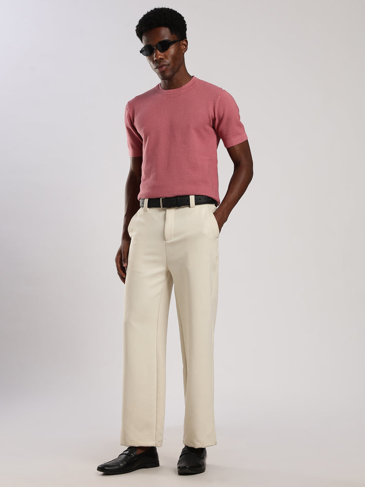 Pink Textured Regular Fit Round Neck Flat Knit T-Shirt