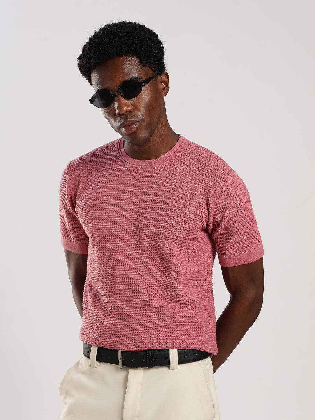Pink Textured Regular Fit Round Neck Flat Knit T-Shirt