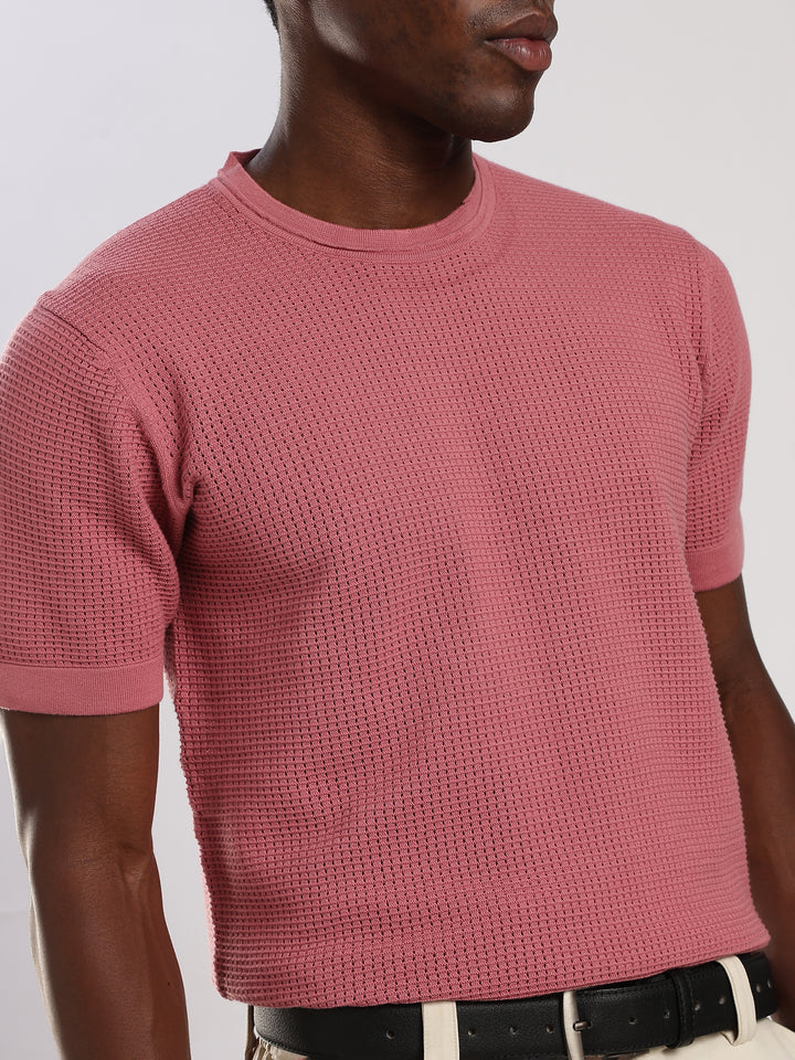 Pink Textured Regular Fit Round Neck Flat Knit T-Shirt