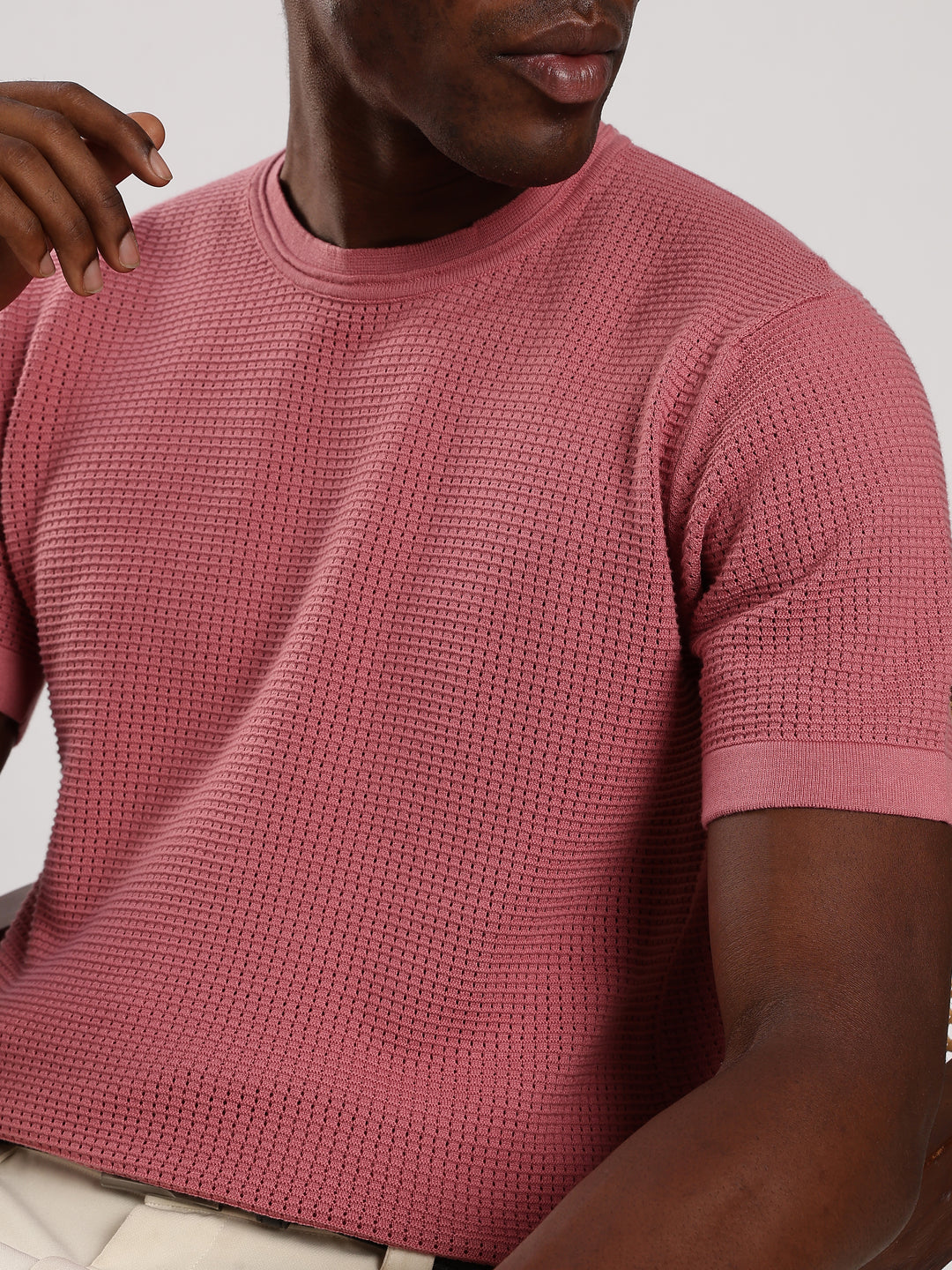 Pink Textured Regular Fit Round Neck Flat Knit T-Shirt